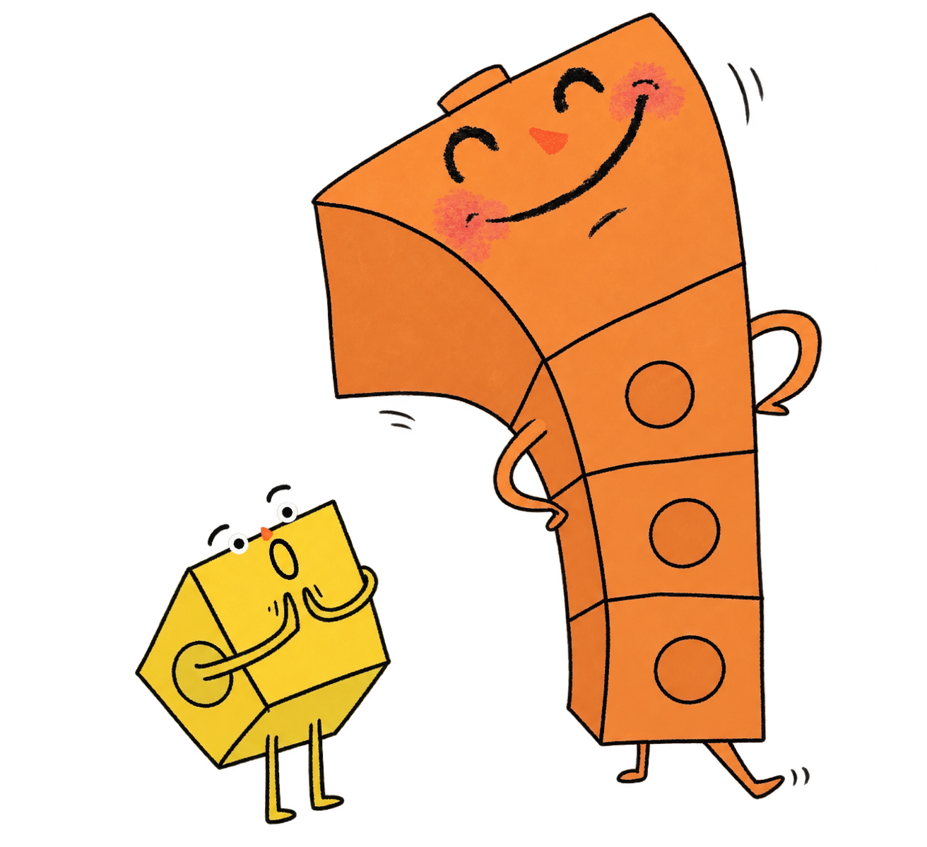 An orange Cubi and a yellow Cubi talking