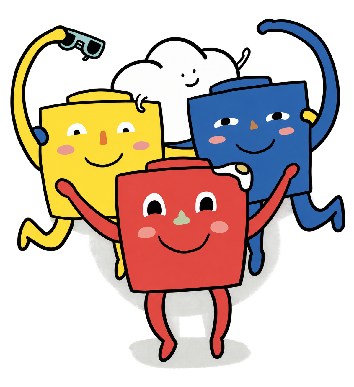 Four playful Cubious characters gathered together