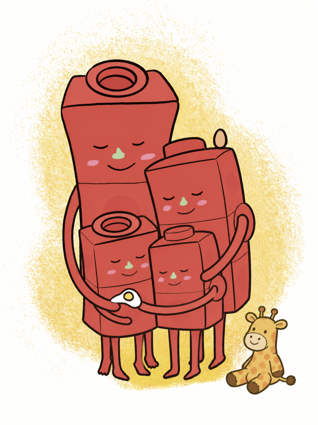 Four red Cubious family characters sharing a hug beside a stuffed giraffe