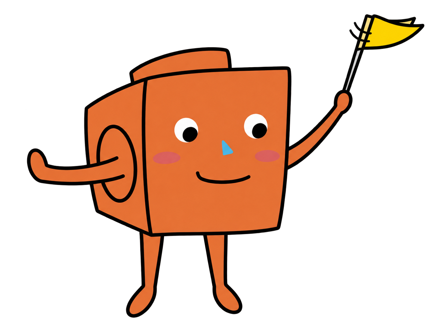 Orange Cubious character holding a yellow flag