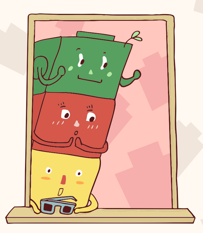 Three Cubious characters peeking through a window